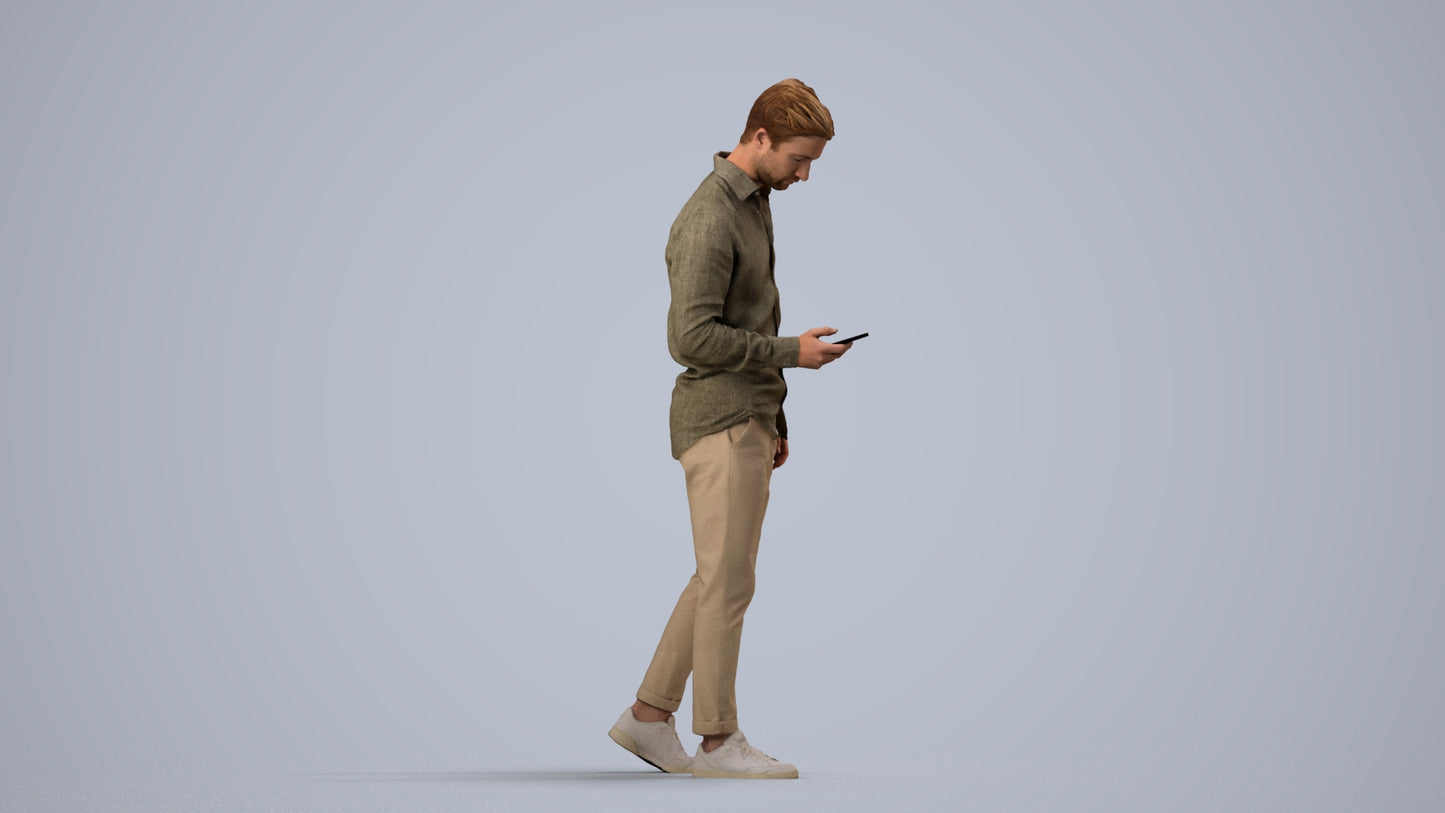 realistic 3D human man casual walking, archviz people FBX OBJ for Blender, side view render