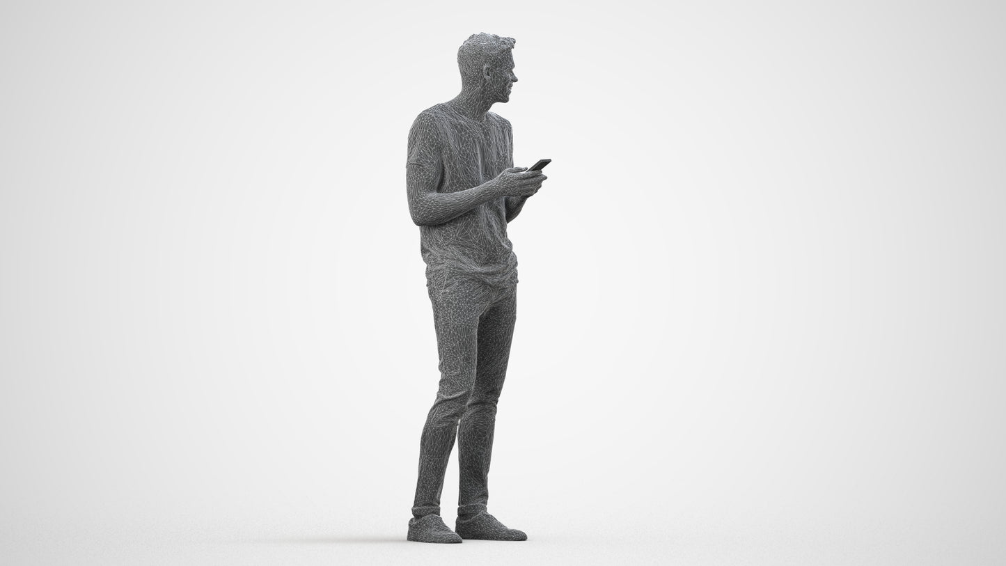 3D human model man casual standing, photogrammetry scanned person for archviz, wireframe side view