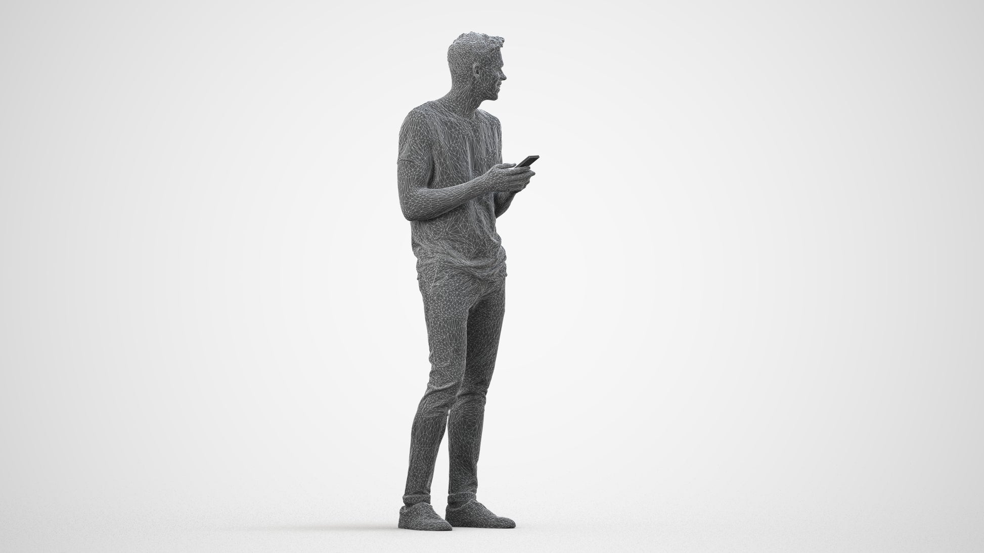 3D human model man casual standing, photogrammetry scanned person for archviz, wireframe side view