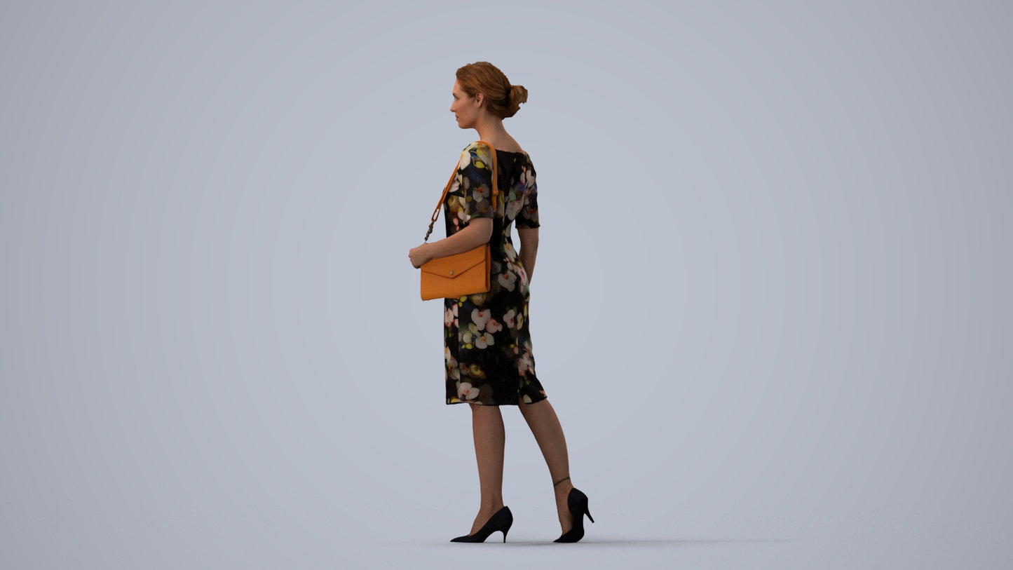 realistic 3D woman casual walking, scanned archviz people for Blender and 3ds Max, three-quarter view render