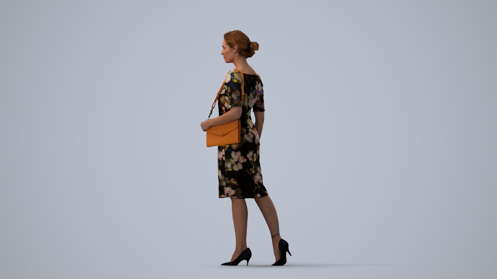 realistic 3D woman casual walking, scanned archviz people for Blender and 3ds Max, three-quarter view render