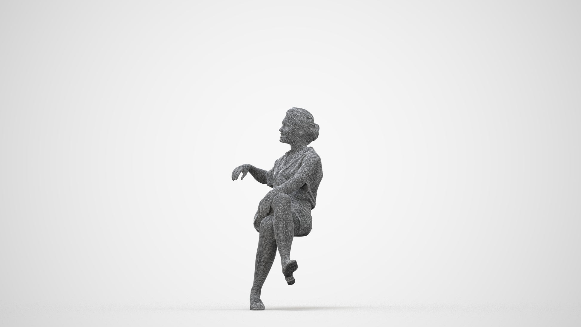 3D human model woman casual sitting, photogrammetry scanned person for archviz, wireframe back view