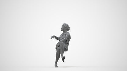 3D human model woman casual sitting, photogrammetry scanned person for archviz, wireframe back view