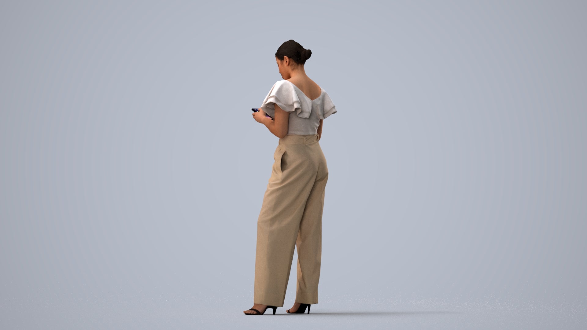 realistic 3D human woman business standing, archviz people FBX OBJ for Blender, three-quarter view render