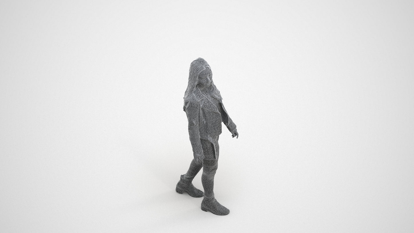realistic 3D woman casual walking, scanned archviz people for Blender and 3ds Max, wireframe three-quarter view