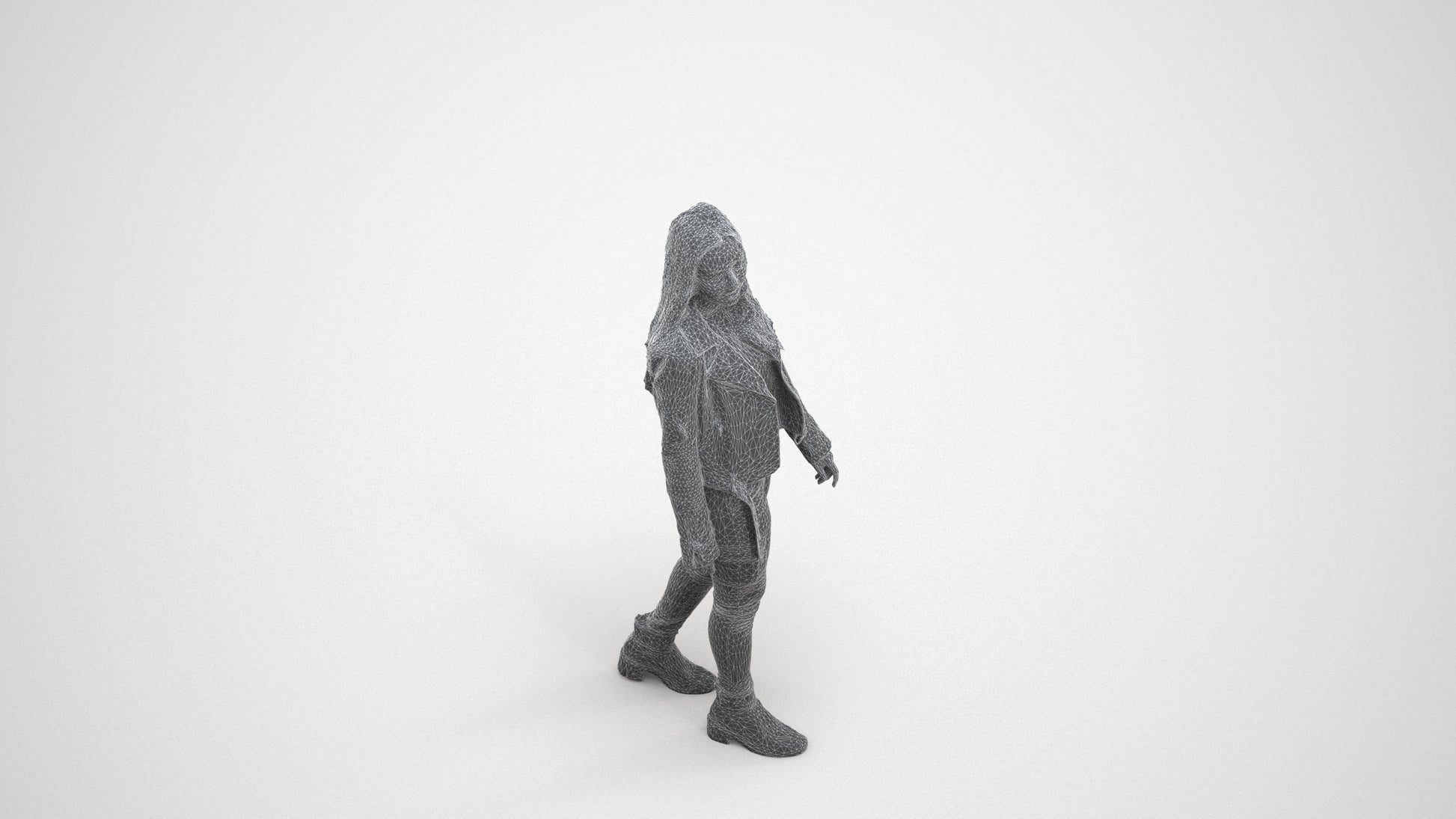 realistic 3D woman casual walking, scanned archviz people for Blender and 3ds Max, wireframe three-quarter view