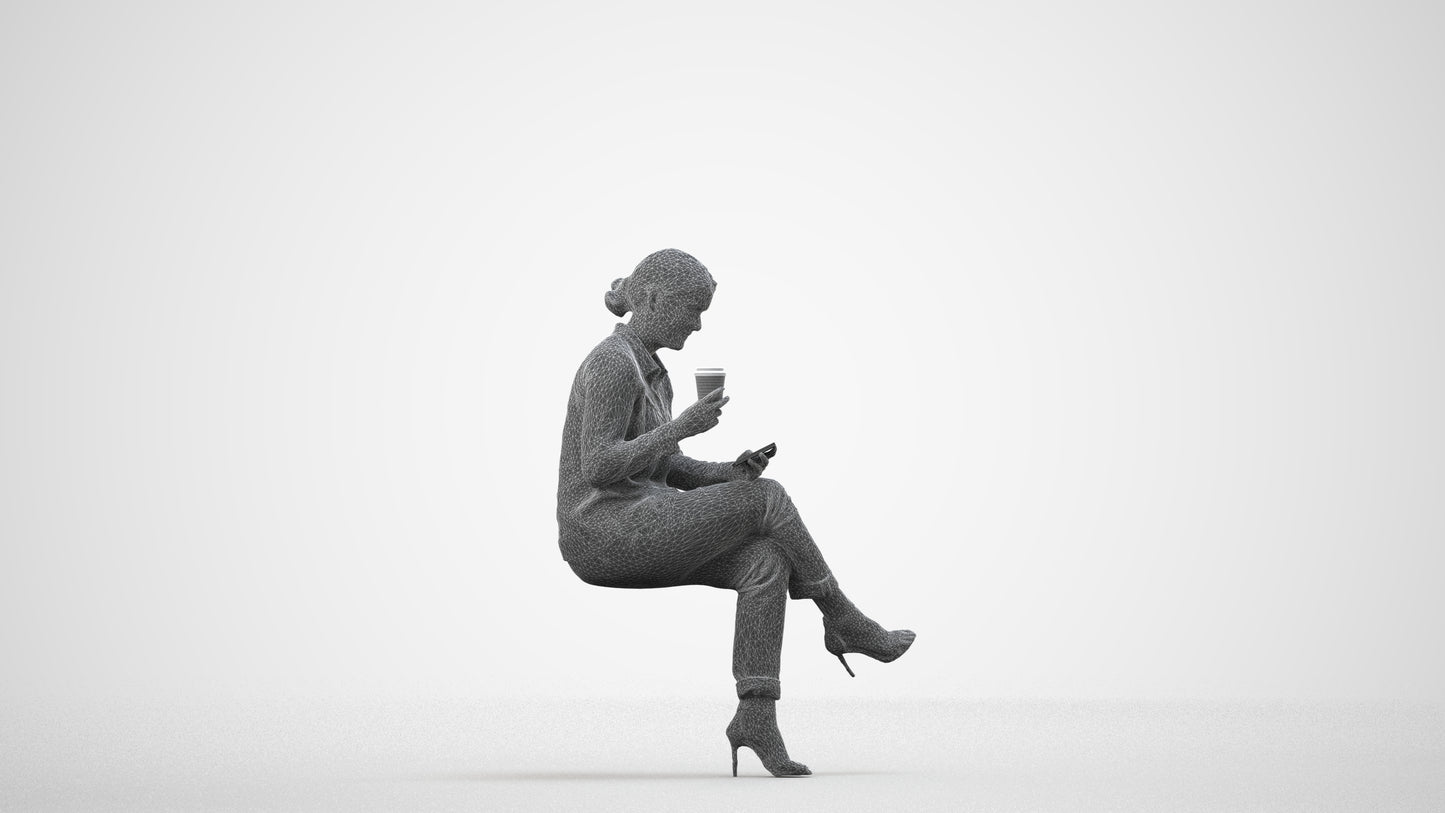 realistic 3D woman casual sitting, scanned archviz people for Blender and 3ds Max, wireframe side view