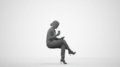 realistic 3D woman casual sitting, scanned archviz people for Blender and 3ds Max, wireframe side view