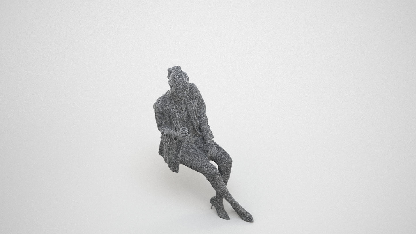 3D scanned woman sitting business, photorealistic archviz people for Enscape and SketchUp, wireframe three-quarter view