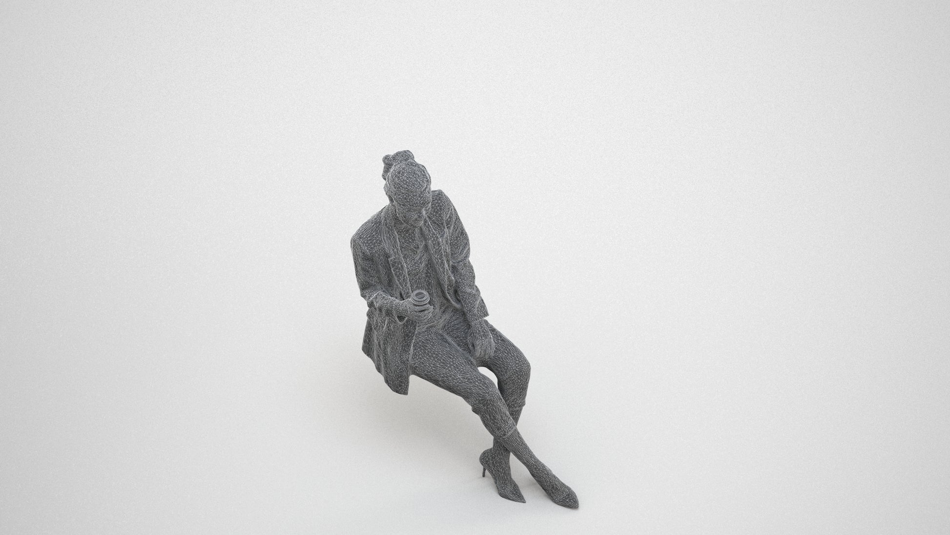3D scanned woman sitting business, photorealistic archviz people for Enscape and SketchUp, wireframe three-quarter view