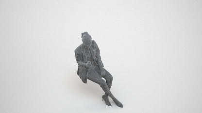 3D scanned woman sitting business, photorealistic archviz people for Enscape and SketchUp, wireframe three-quarter view