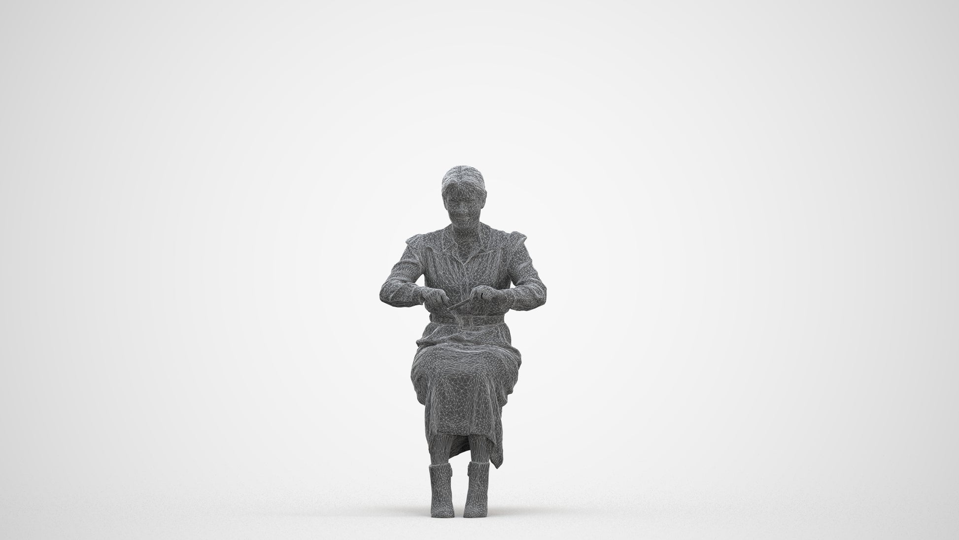 3D human model woman casual sitting, photogrammetry scanned person for archviz, three-quarter front view render