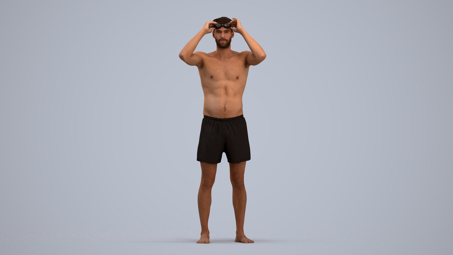realistic 3D human man pool, archviz people FBX OBJ for Blender, standing pose render