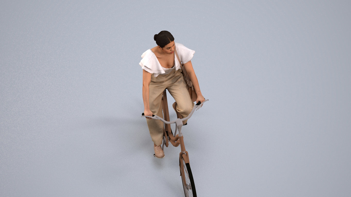 3D scanned woman cycling business, photorealistic archviz people for Enscape and SketchUp, back view render