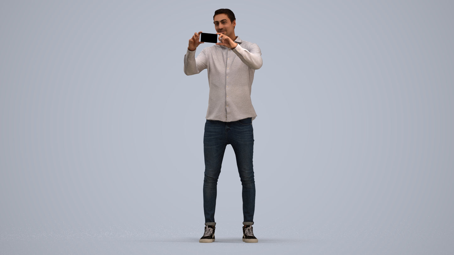 3D human model man casual standing, photogrammetry scanned person for archviz, standing pose render