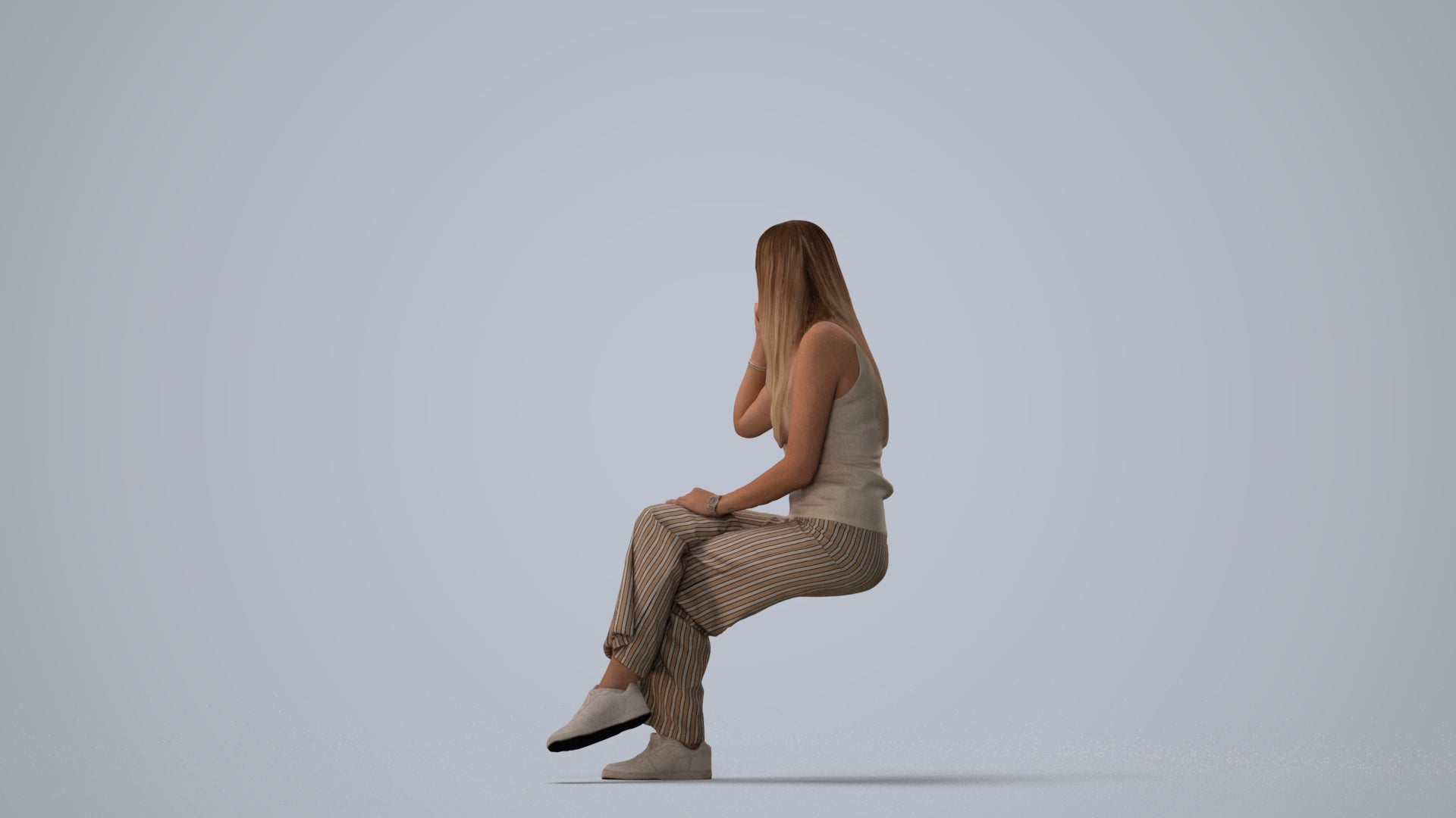 3D people model woman casual sitting, scanned human for 3ds Max rendering, three-quarter view render