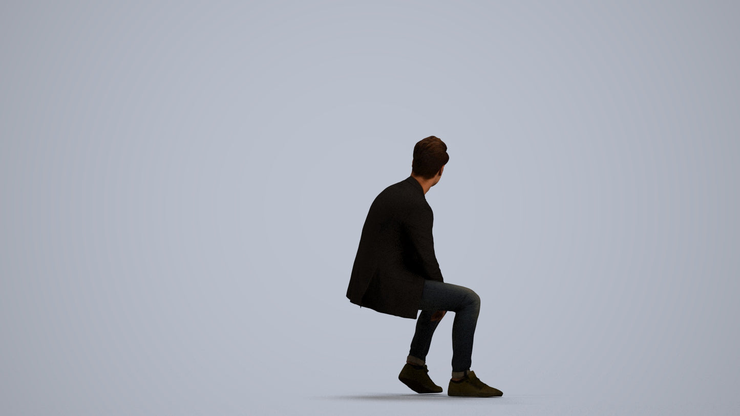 3D people model man casual sitting, scanned human for 3ds Max rendering, front view render