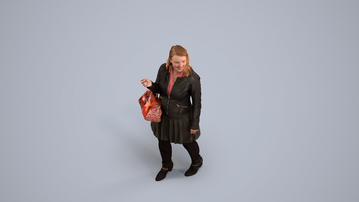 3D human model woman business standing, photogrammetry scanned person for archviz, back view render