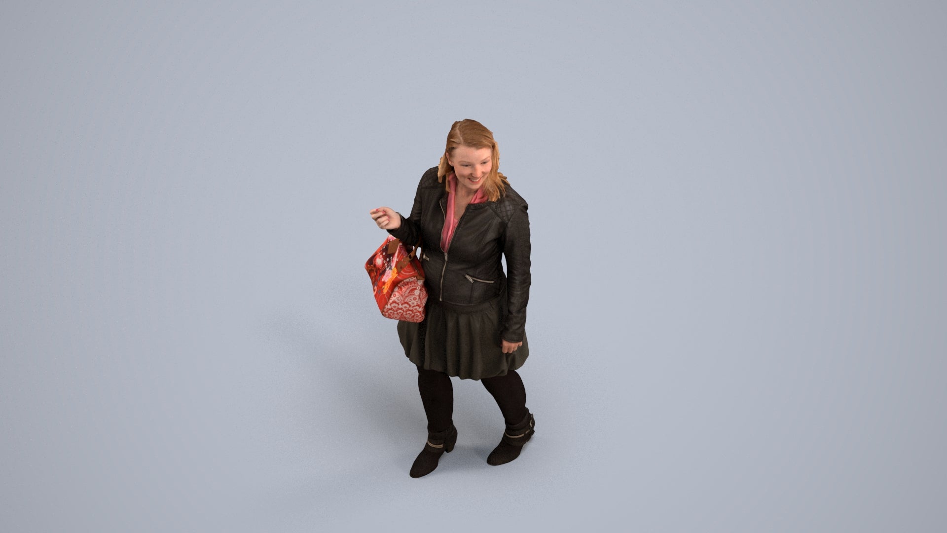 3D human model woman business standing, photogrammetry scanned person for archviz, back view render