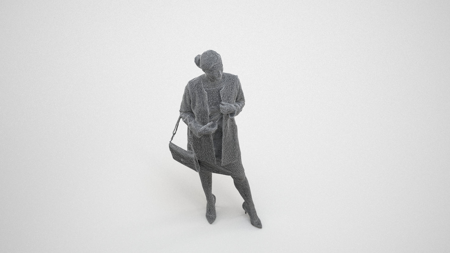 3D scanned woman standing casual, photorealistic archviz people for Enscape and SketchUp, wireframe three-quarter view