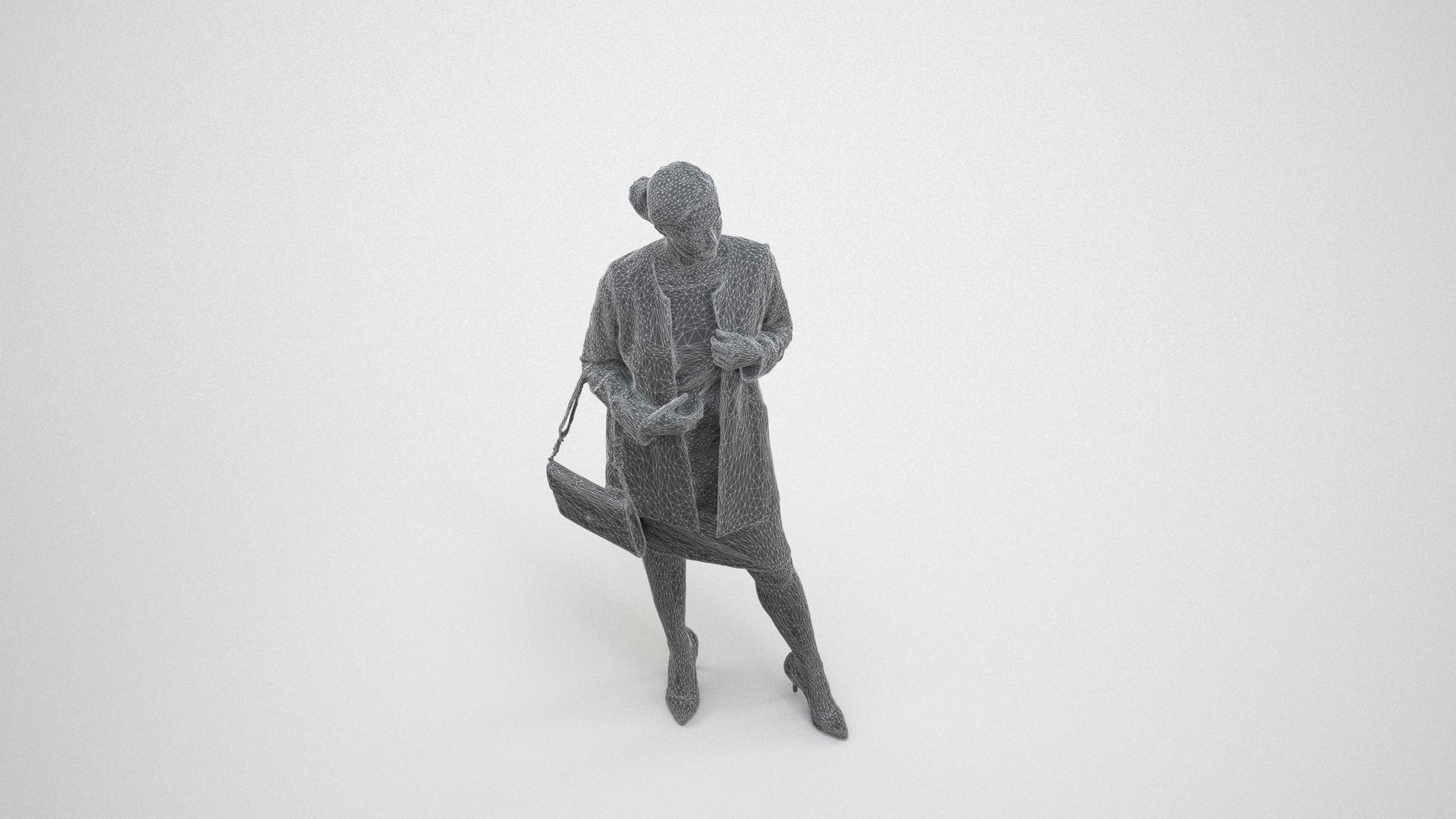 3D scanned woman standing casual, photorealistic archviz people for Enscape and SketchUp, wireframe three-quarter view