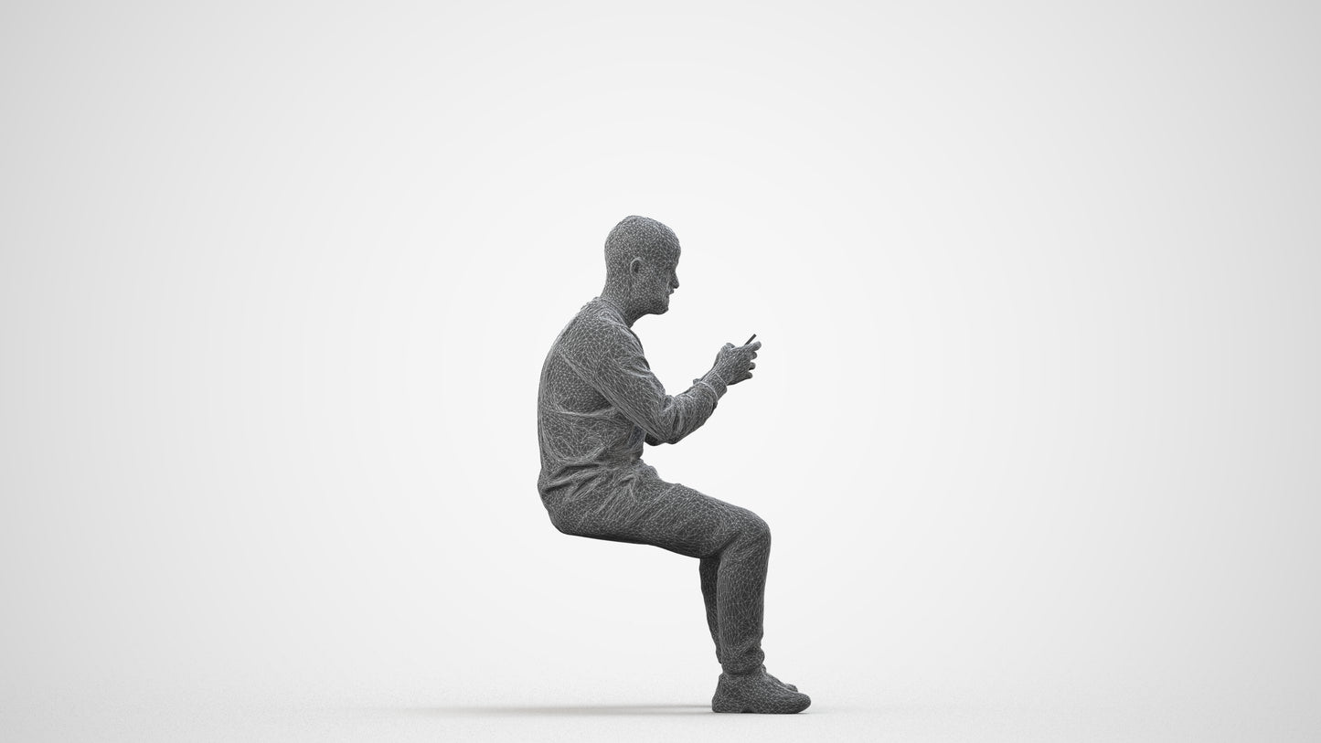 3D human model man casual sitting, photogrammetry scanned person for archviz, wireframe side view