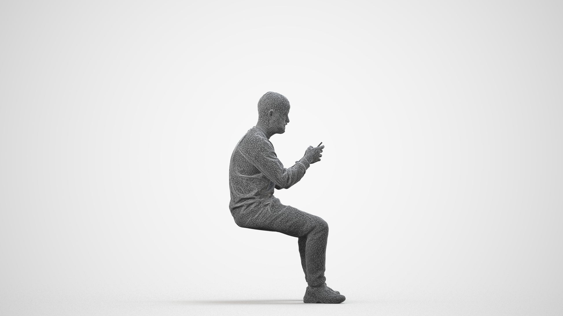 3D human model man casual sitting, photogrammetry scanned person for archviz, wireframe side view