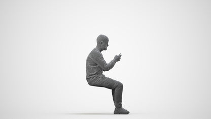 3D human model man casual sitting, photogrammetry scanned person for archviz, wireframe side view