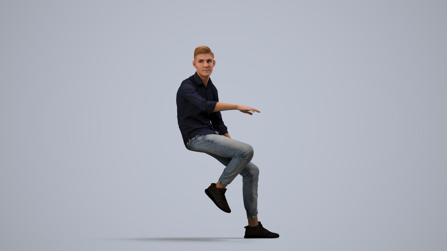 realistic 3D people man casual sitting, render-ready for V-Ray and Corona, FBX OBJ, side view render