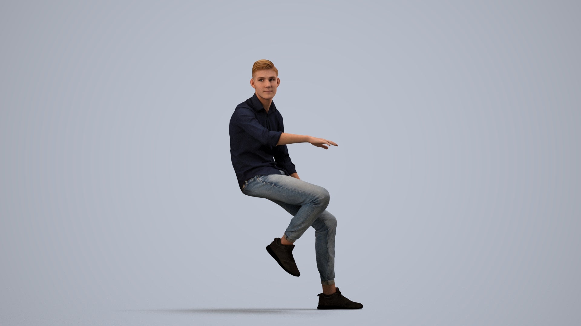 realistic 3D people man casual sitting, render-ready for V-Ray and Corona, FBX OBJ, side view render