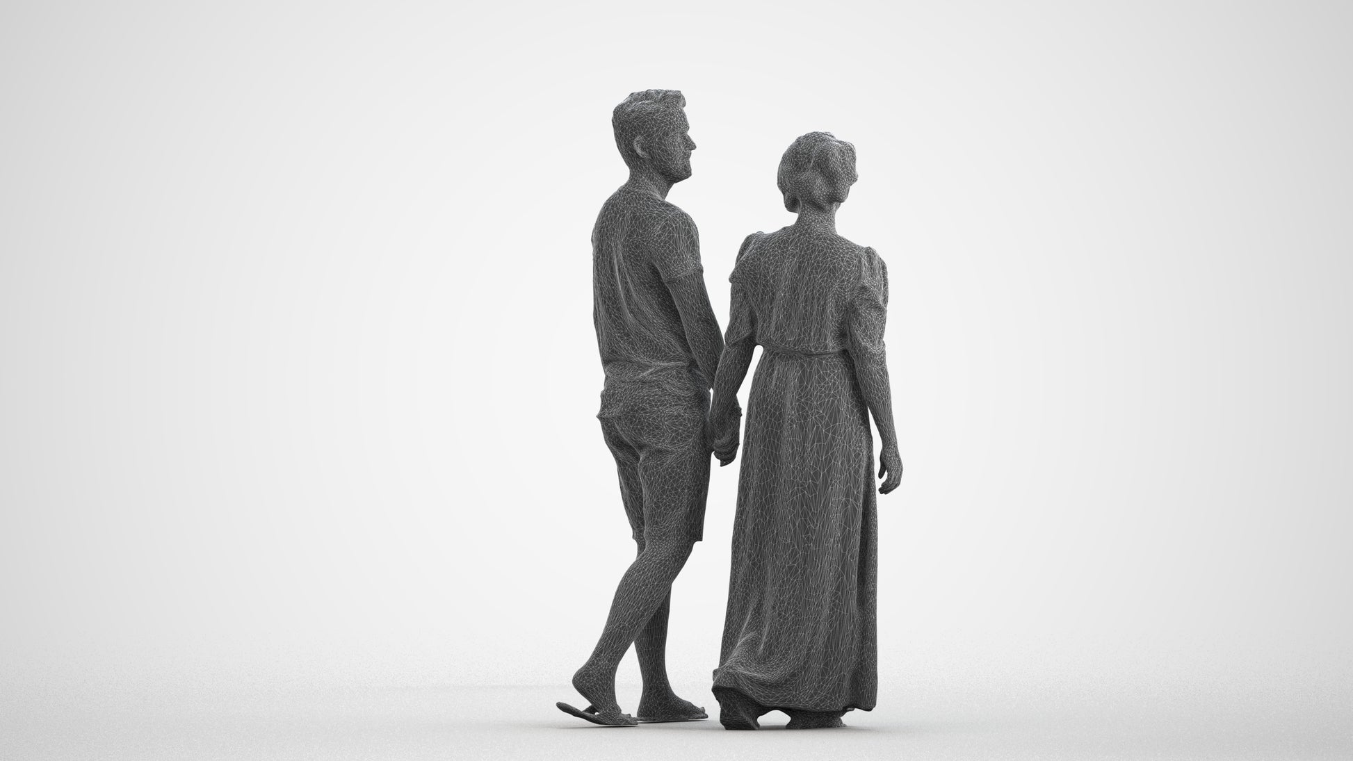3D human model woman couple, photogrammetry scanned person for archviz, wireframe front view