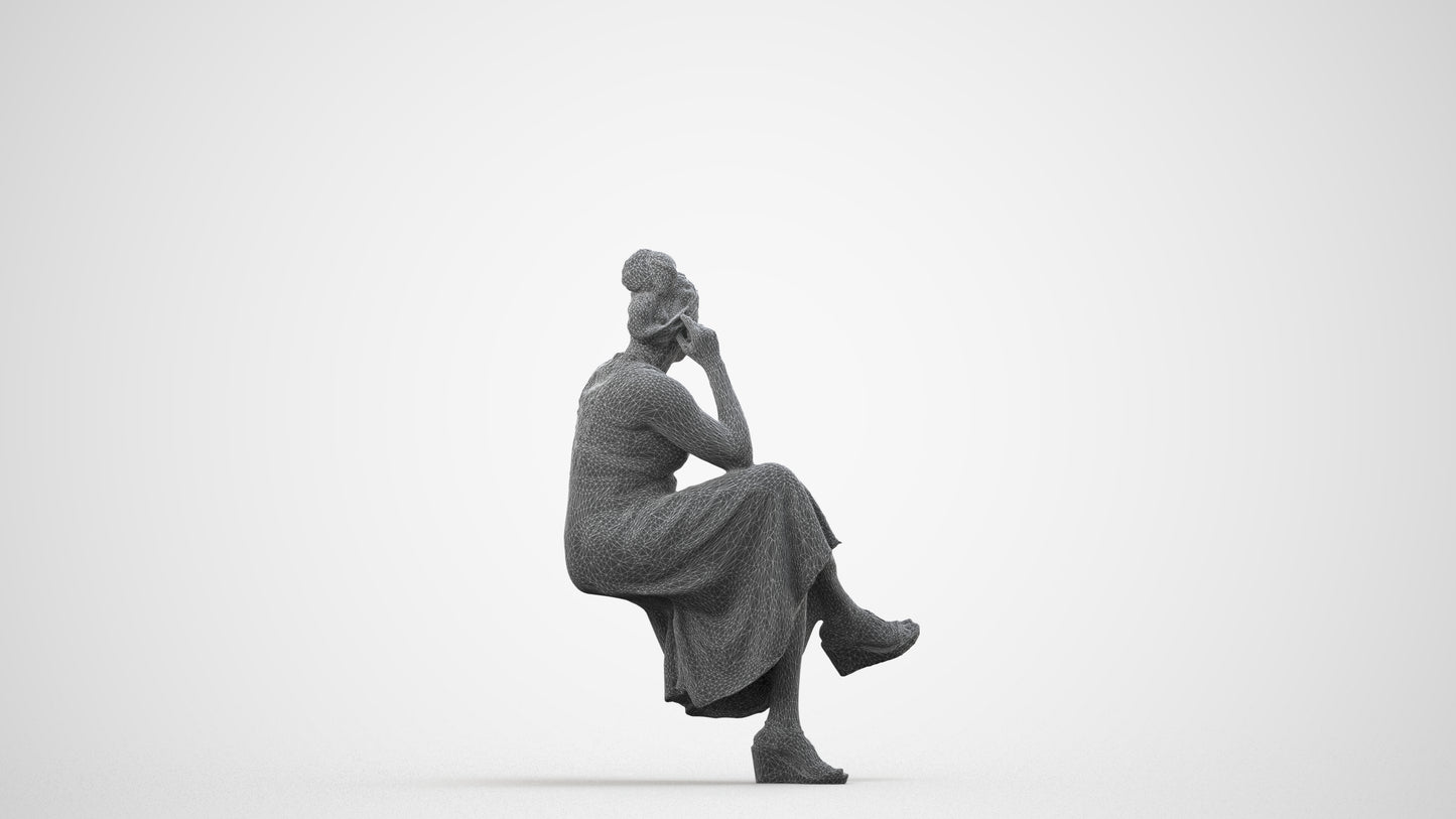 3D people model woman casual sitting, scanned human for 3ds Max rendering, wireframe side view