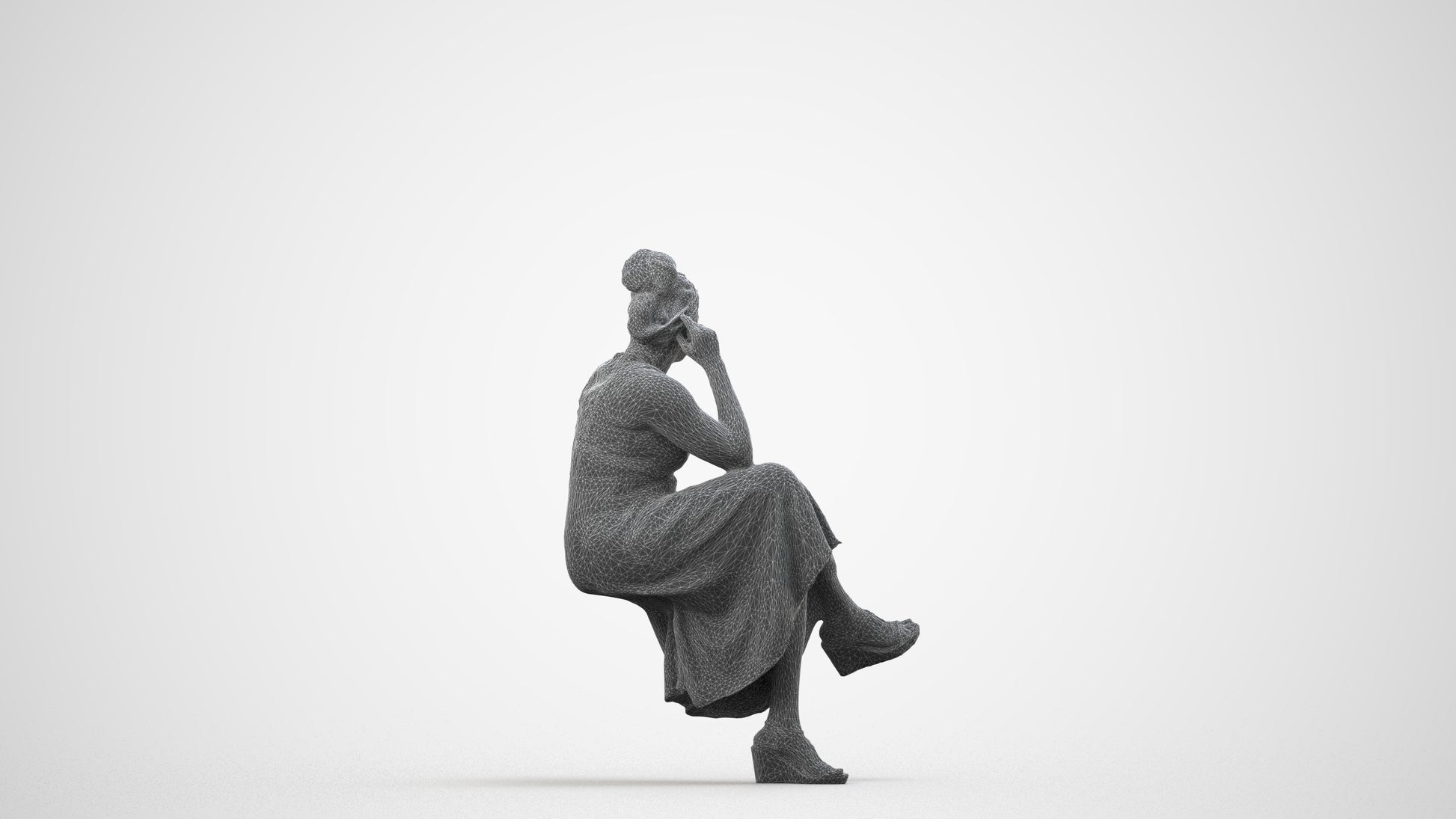 3D people model woman casual sitting, scanned human for 3ds Max rendering, wireframe side view