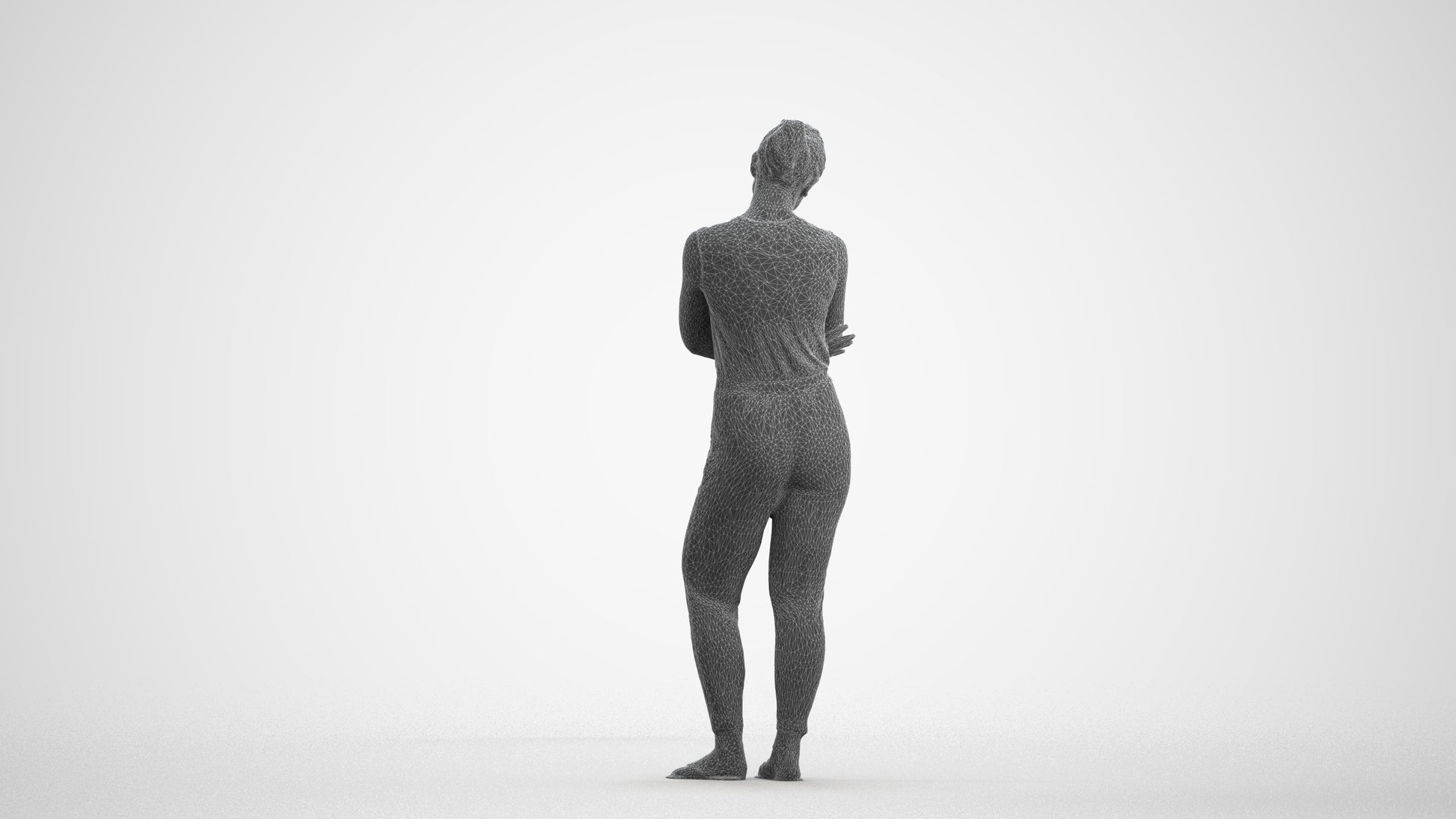 3D human model woman casual standing, photogrammetry scanned person for archviz, wireframe front view