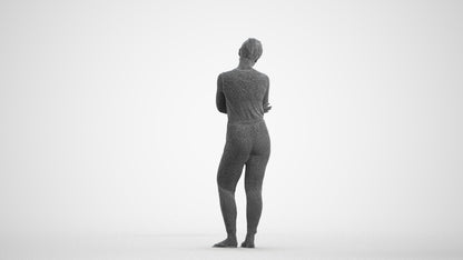 3D human model woman casual standing, photogrammetry scanned person for archviz, wireframe front view