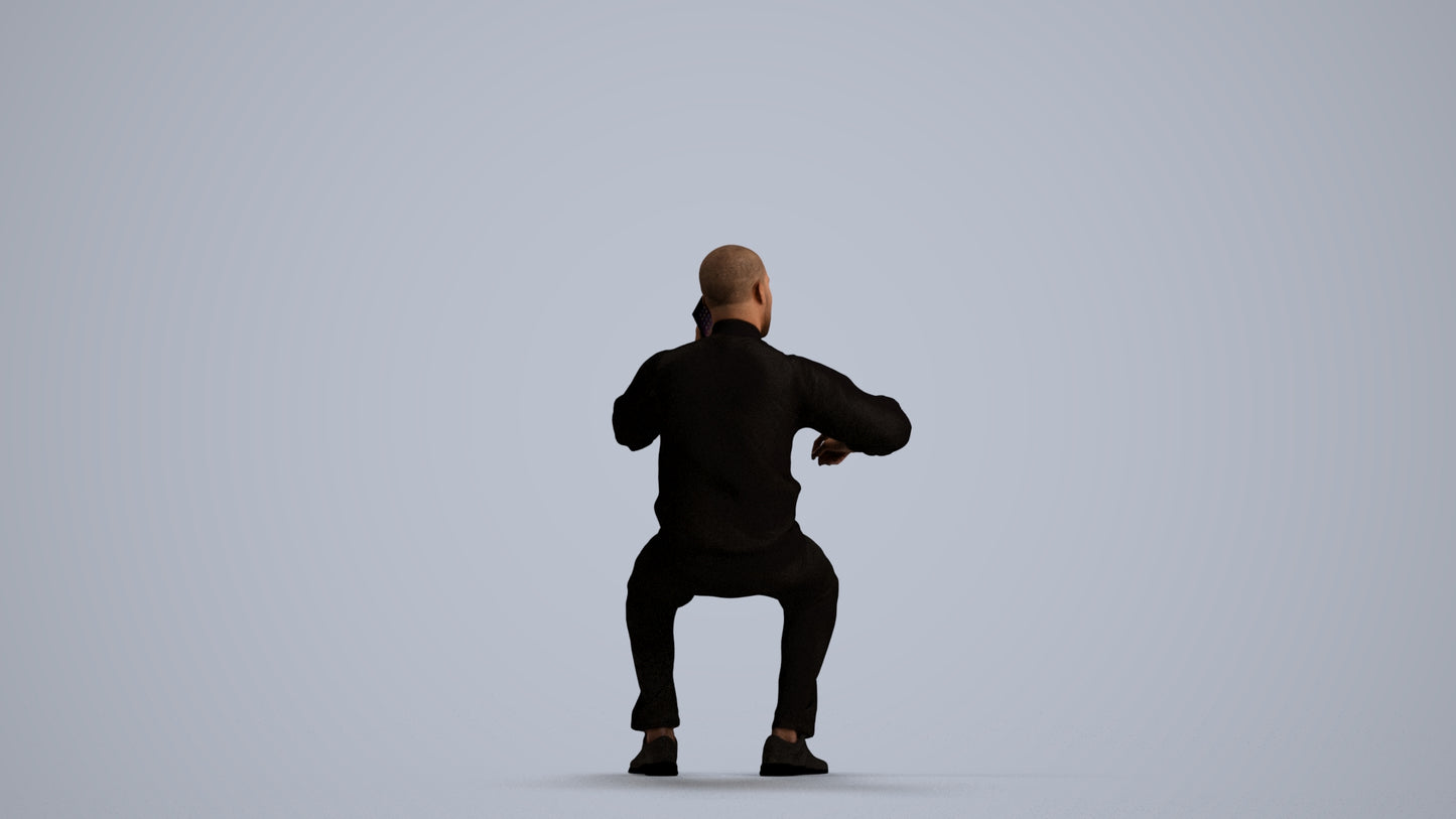 3D human model man sitting, photogrammetry scanned person for archviz, front view render
