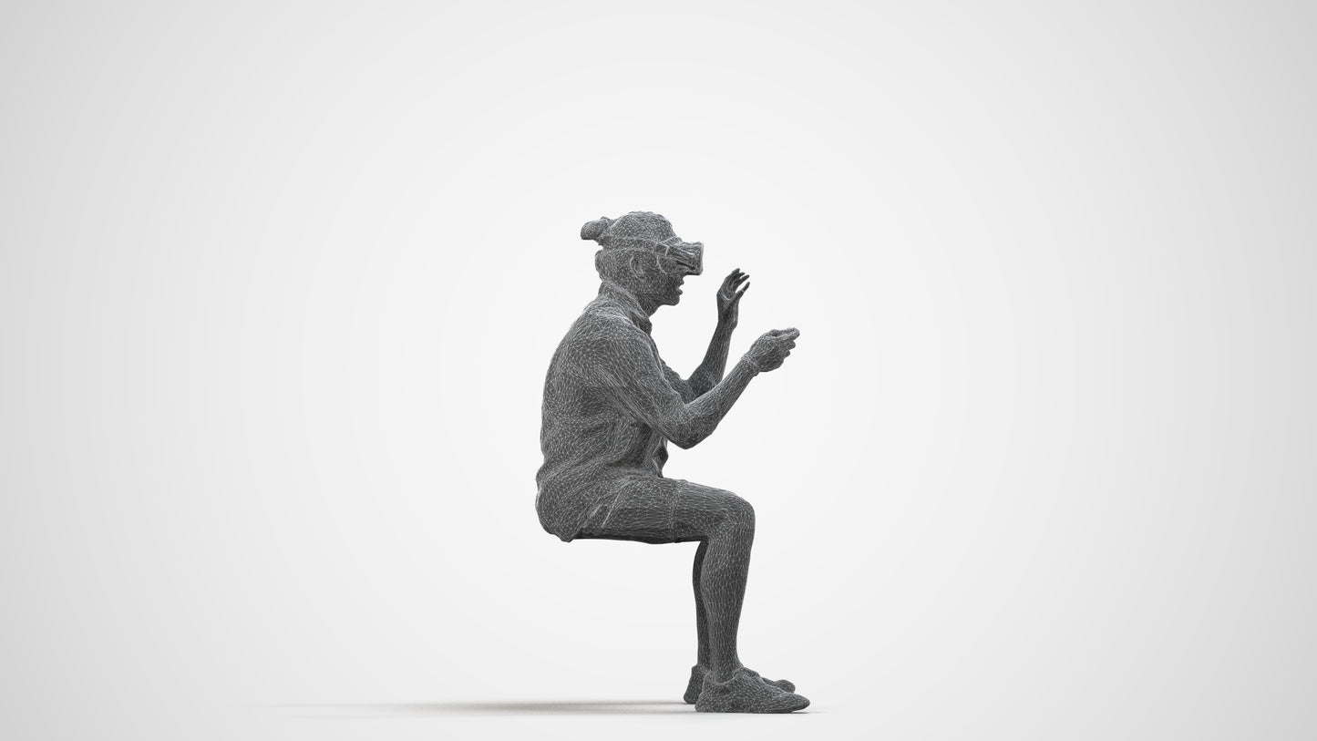 3D scanned man sitting casual, photorealistic archviz people for Enscape and SketchUp, wireframe side view