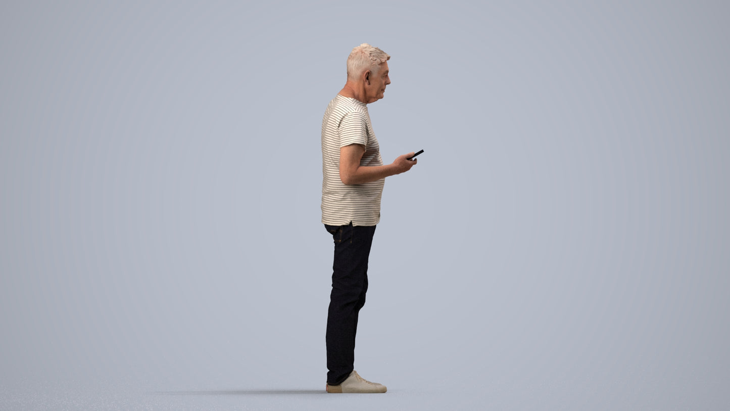 3D people model senior man casual standing, scanned human for 3ds Max rendering, side view render