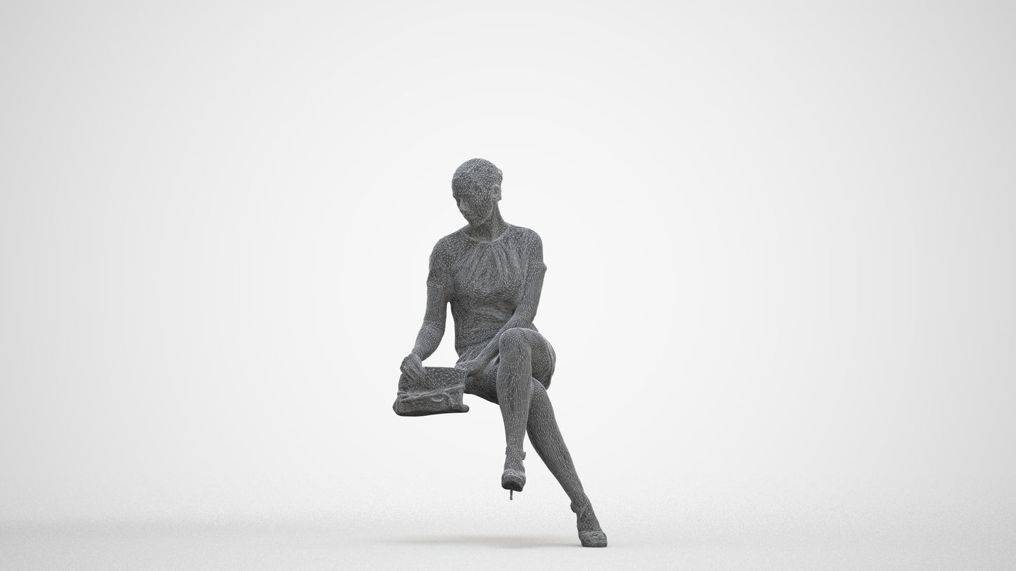 photogrammetry 3D woman business sitting, realistic human model archviz FBX, three-quarter front view render