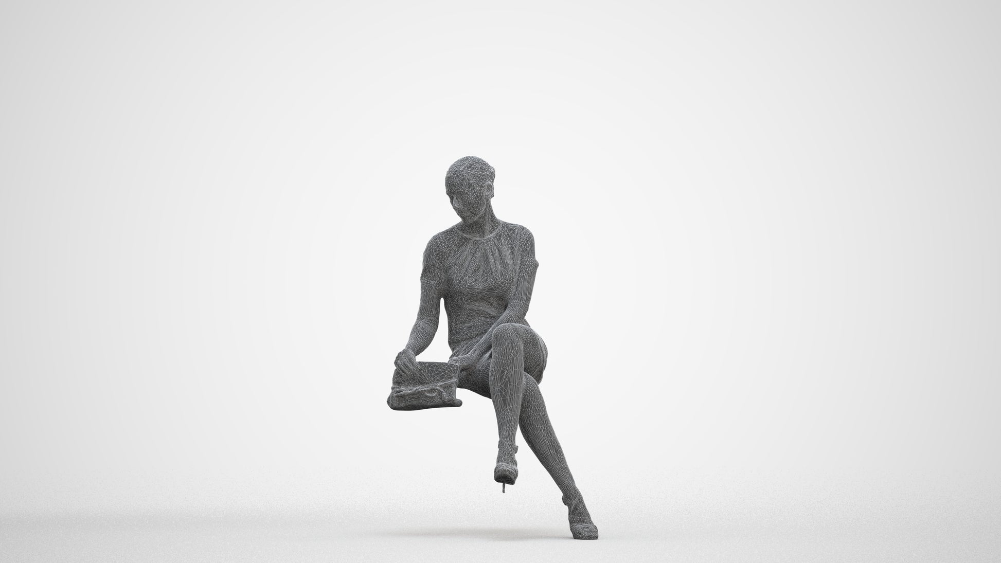 photogrammetry 3D woman business sitting, realistic human model archviz FBX, three-quarter front view render