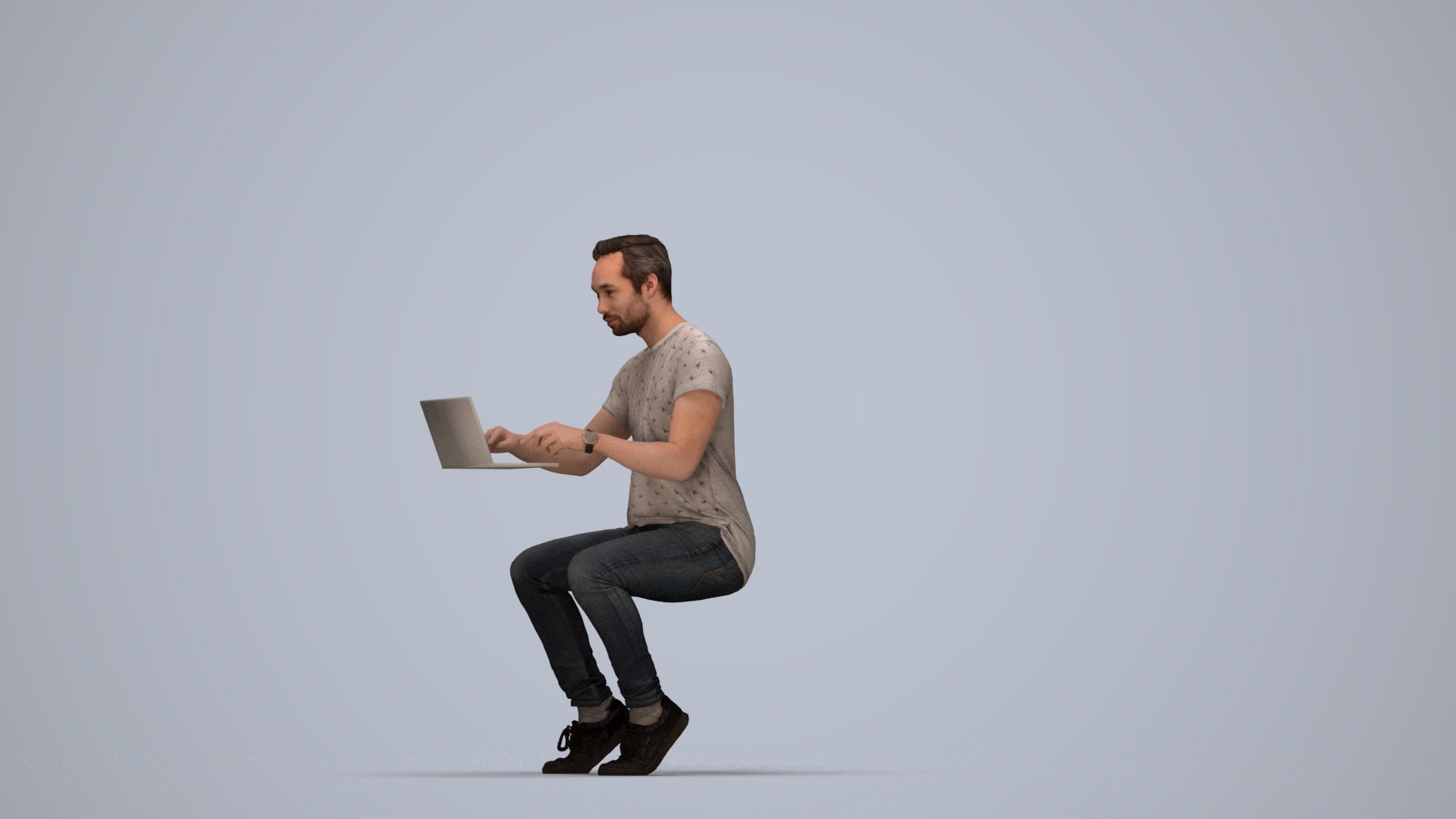 3D human model man casual business, photogrammetry scanned person for archviz, top-down view render