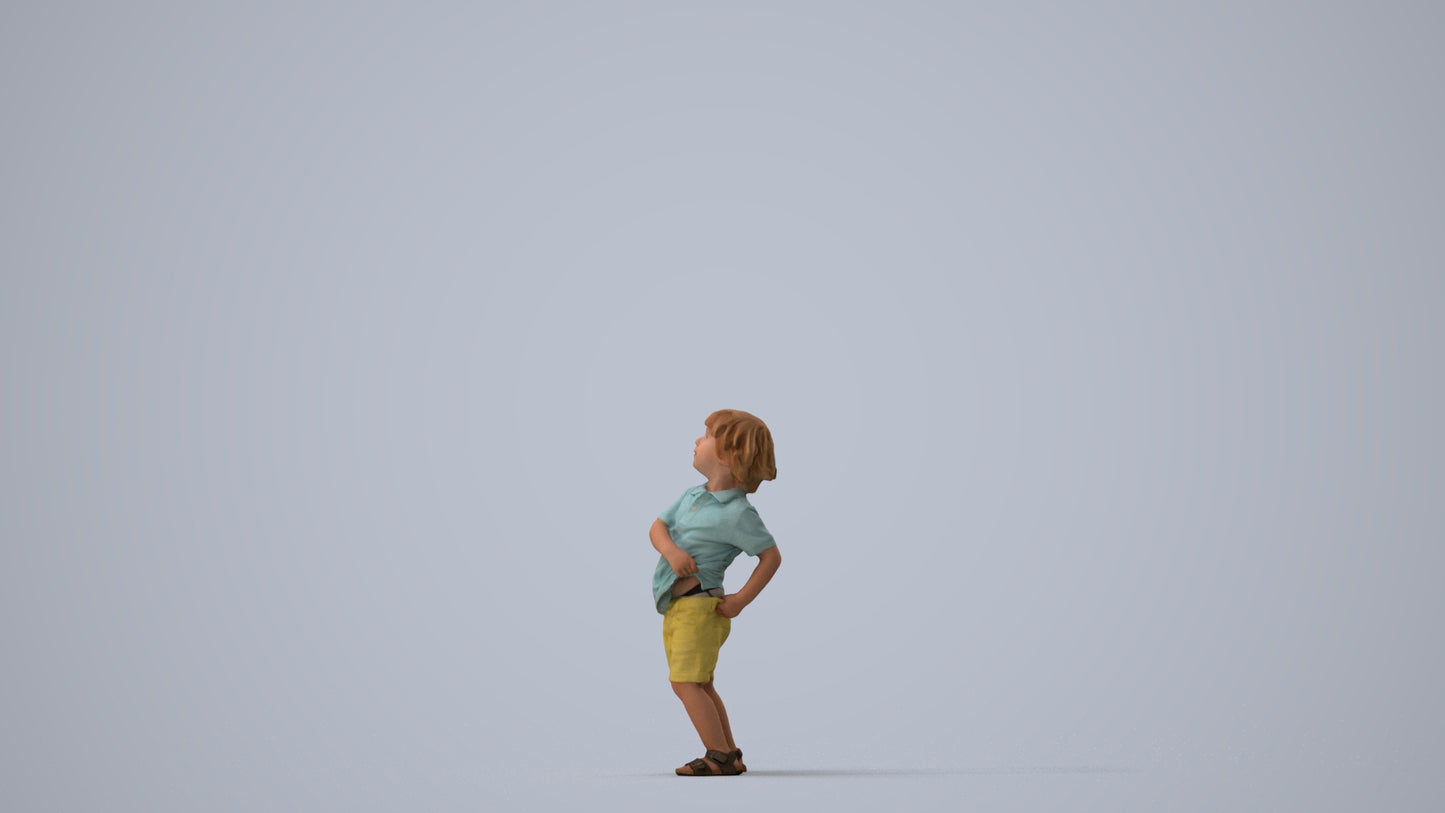 3D human model boy casual kids, photogrammetry scanned person for archviz, three-quarter view render