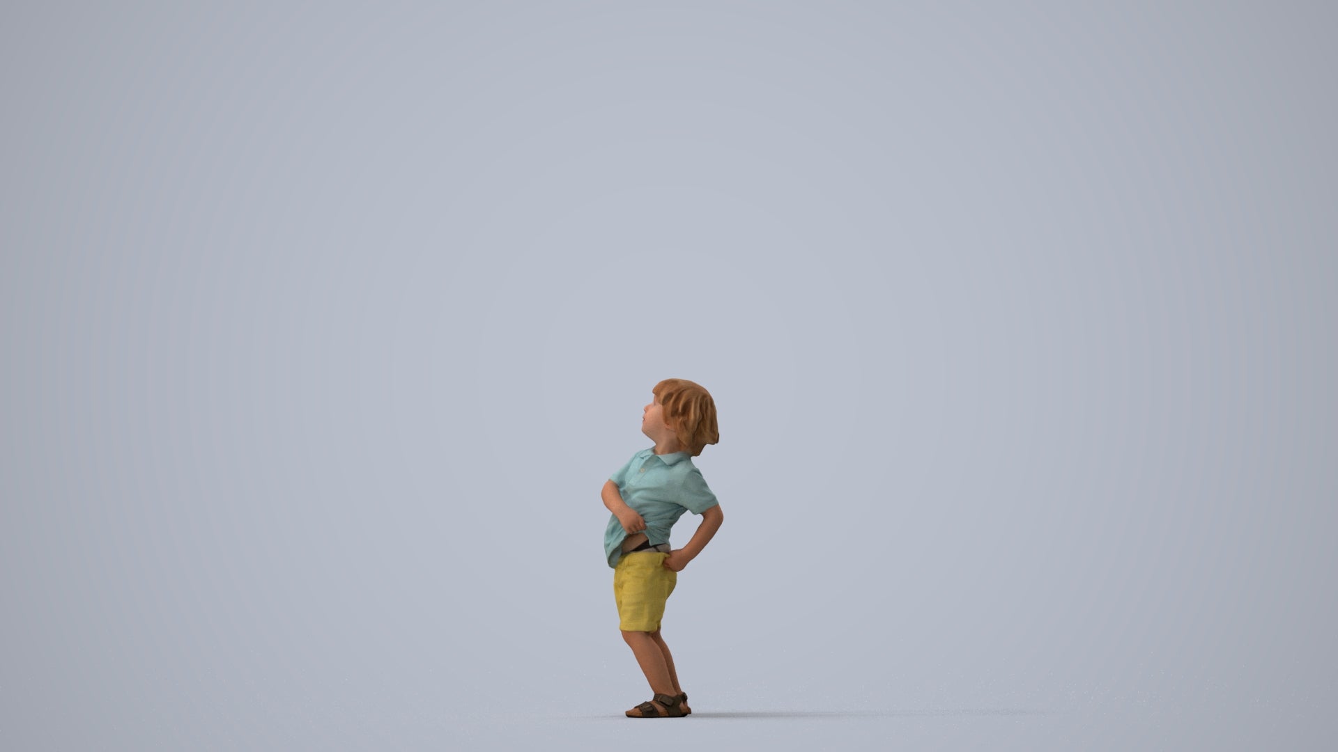 3D human model boy casual kids, photogrammetry scanned person for archviz, three-quarter view render
