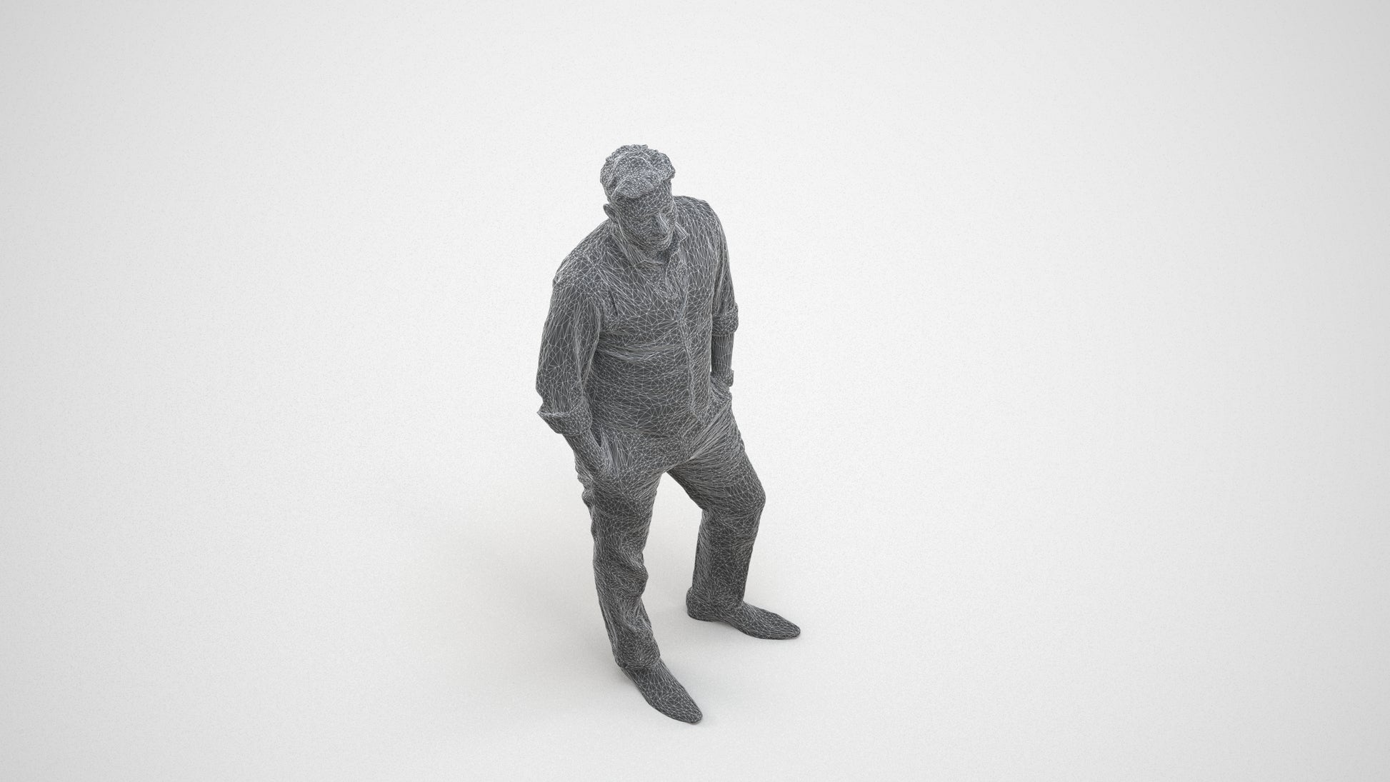 3D scanned man standing business, photorealistic archviz people for Enscape and SketchUp, wireframe three-quarter view
