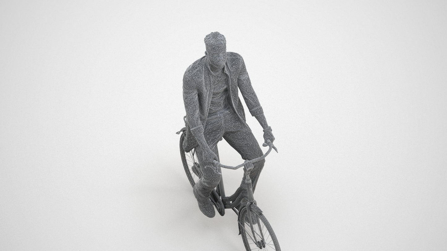 3D people model man casual cycling, scanned human for 3ds Max rendering, wireframe three-quarter view