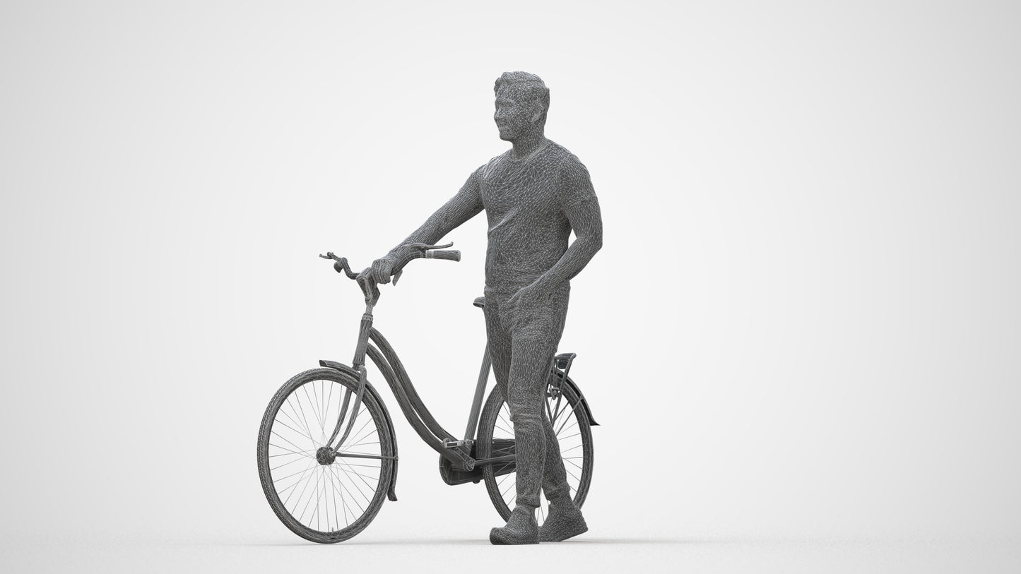 realistic 3D man casual cycling, scanned archviz people for Blender and 3ds Max, wireframe back view