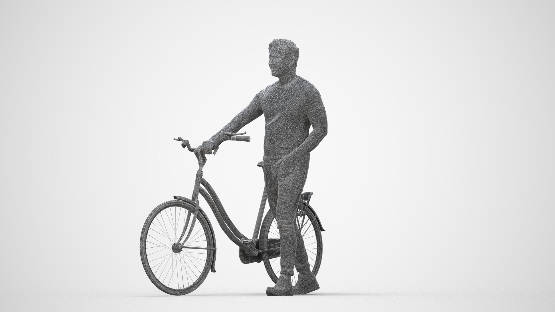 realistic 3D man casual cycling, scanned archviz people for Blender and 3ds Max, wireframe back view