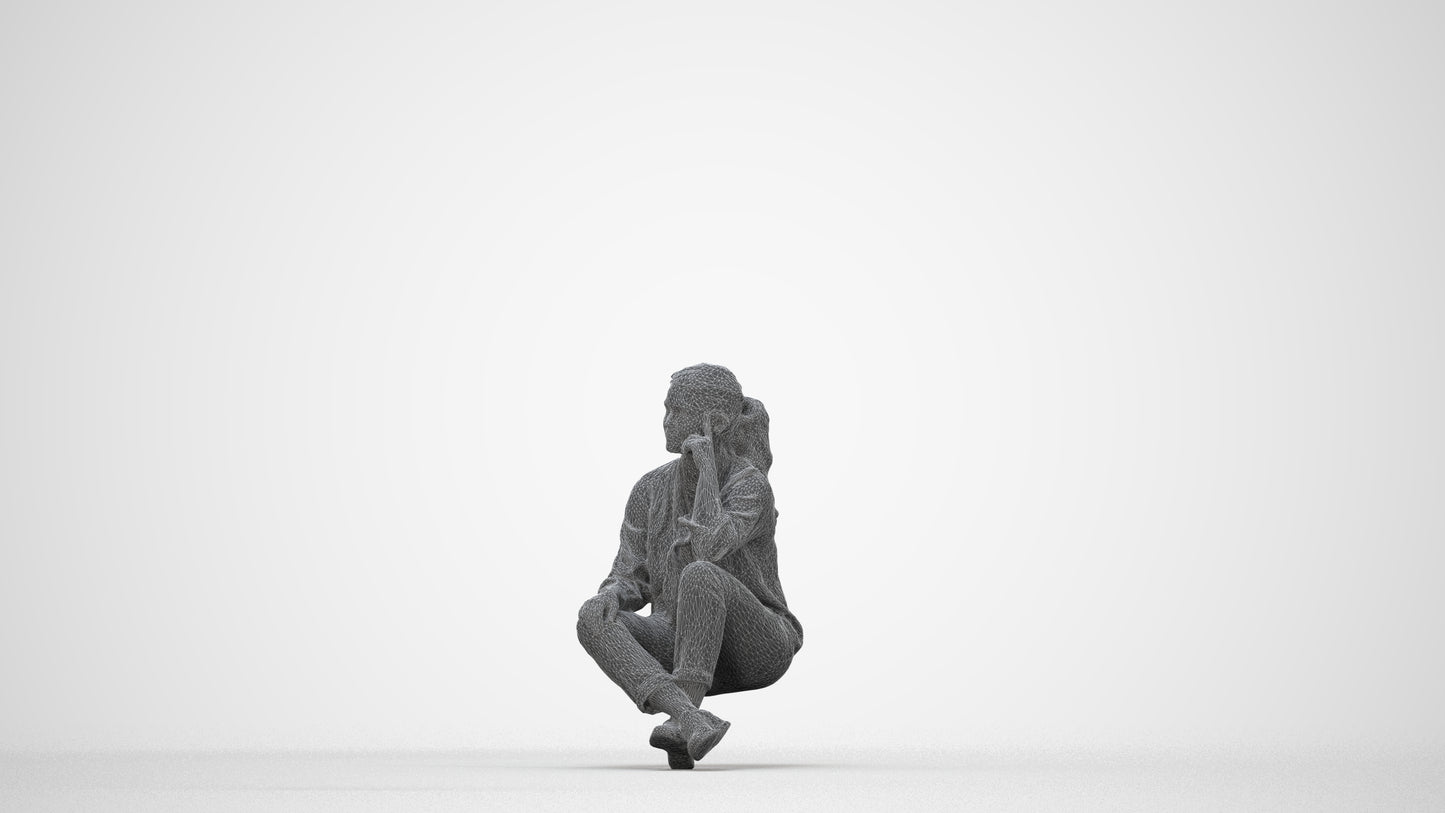 3D human model woman casual sitting, photogrammetry scanned person for archviz, wireframe back view