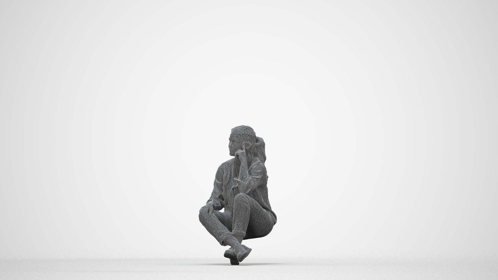 3D human model woman casual sitting, photogrammetry scanned person for archviz, wireframe back view