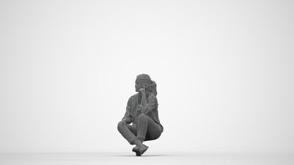 3D human model woman casual sitting, photogrammetry scanned person for archviz, wireframe back view